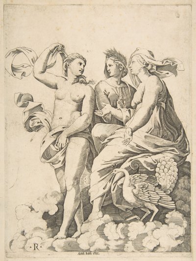 Juno, Ceres en Psyche in de wolken in gesprek, Juno zittend met een pauw bij haar..., ca. 1515-27 door Marco Dente