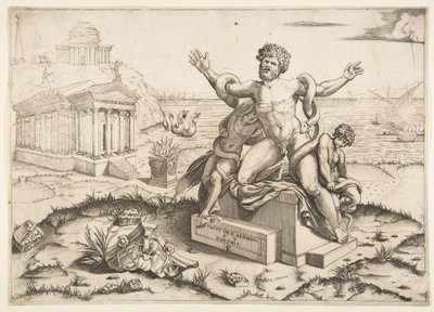 Laocoön en zijn twee zonen worden aangevallen door slangen op een voetstuk, een tempel voor Minerva, ca. 1515-27 door Marco Dente