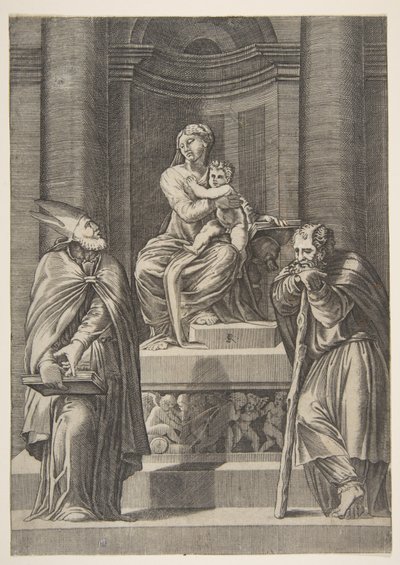 Sint Jozef links en een bisschop rechts voor het altaar van de Maagd..., ca. 1515-27 door Marco Dente