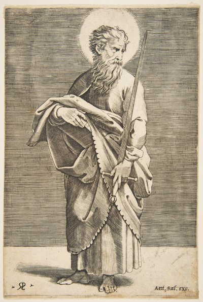 Sint Paulus kijkt naar rechts en houdt een zwaard en een boek vast door Marco Dente