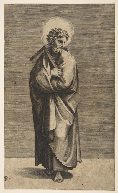 Sint Thomas met een winkelhaak, zijn hoofd naar rechts gedraaid, ca. 1515-27 door Marco Dente