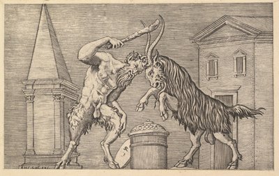 Speculum Romanae Magnificentiae: Een Satyr en een Ram die botsen, 16e eeuw door Marco Dente