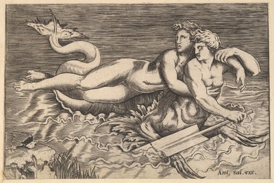 Speculum Romanae Magnificentiae: Een Triton die een nimf ontvoert door Marco Dente