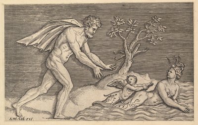 Speculum Romanae Magnificentiae: Naakte Man die een Naiade Achtervolgt, ca. 1515-1527 door Marco Dente