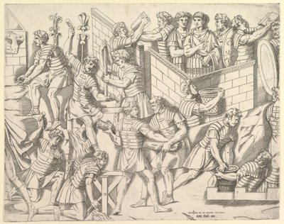 Speculum Romanae Magnificentiae: Romeinse soldaten versterken hun kamp, uit Trajan..., 16e eeuw door Marco Dente