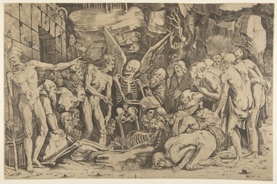 De Skeletten, een groep uitgemergelde mannen en vrouwen verzameld rond een skelet, 1515-27 door Marco Dente