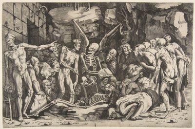 De skeletten, een groep uitgemergelde mannen en vrouwen verzameld rond een skelet, 1515-27 door Marco Dente