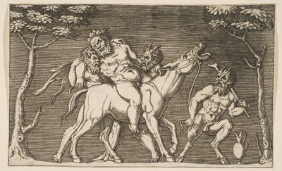 Twee saters plaatsen Silenus op een balkende muilezel en een derde sater rechts door Marco Dente
