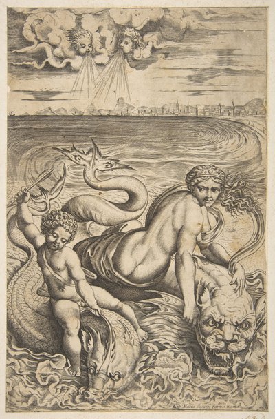 Venus en Cupido rijden op twee zeemonsters, Cupido heft een pijl in zijn rechterhand door Marco Dente