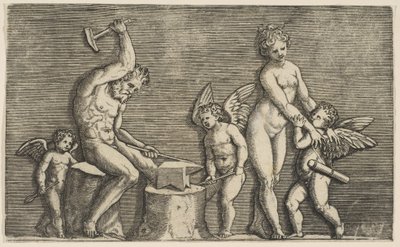 Vulcan zittend hameren op een aambeeld geflankeerd door Venus en drie cupido
