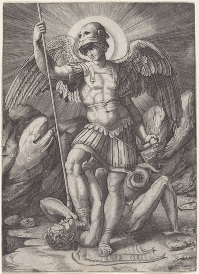 Sint Michaël door Marco Dente after Raphael