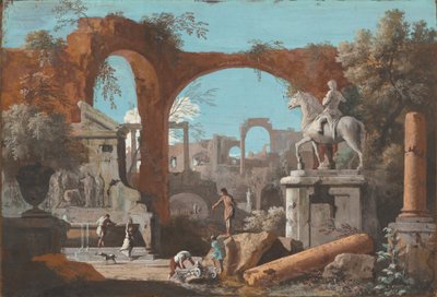 Een capriccio van Romeinse ruïnes door Marco Ricci
