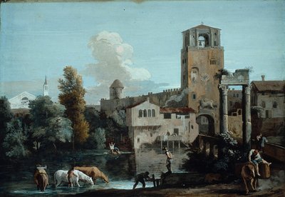 Een Capriccio met paarden die drinken in een rivier buiten een ommuurde stad door Marco Ricci