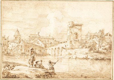 Een versterkt dorp langs een rivier door Marco Ricci
