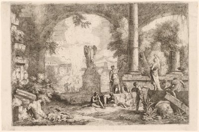 Capriccio van antieke ruïnes met mannen die naar een klassieke redenaar kijken door Marco Ricci