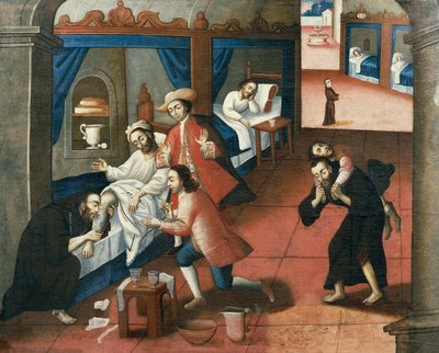 Religieuze mannen behandelen een patiënt in St. Andrew Hospital, Cuzco door Marcos Zapata