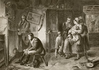 Napoleon zoekt rust in een huisje langs de weg na zijn nederlaag bij Waterloo, gegraveerd door J.D. Cooper door Marcus Stone