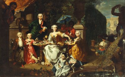 Een familie op een terras in de tuin van een villa. Mogelijk de Engelse zakenman George Jackson en zijn familie door Marcus Tuscher