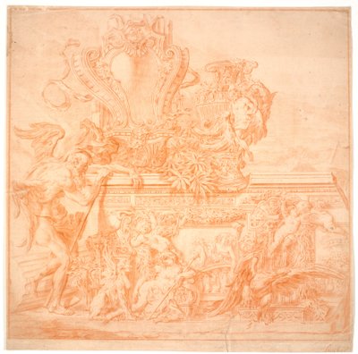 Decoratieschets met een oude man, symboliserend de tijd, een schild, een vaas, een adelaar en verschillende allegorische figuren door Marcus Tuscher