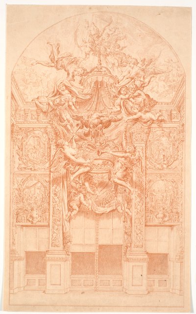 Decoratieontwerp met genieën die een kroon en een troonhemel dragen door Marcus Tuscher