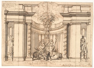 Het interieur van een tempel met het Deense wapen en de stamboom van de Oldenburgse koningen door Marcus Tuscher