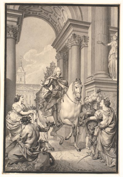Voorbereiding voor het schilderij: Denemarken en Noorwegen eren Chr. VI (verbrand met Christiansborg 1794) door Marcus Tuscher