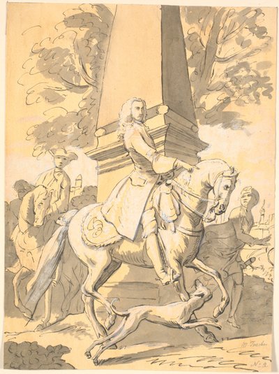 Voorname heer gevolgd door bedienden rijdt langs een monument door Marcus Tuscher