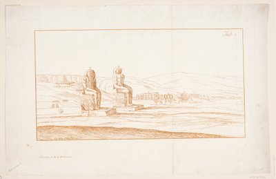 Illustratie bij "Tekeningen van enkele ruïnes en kolossale beelden in Thebe in Egypte met een verslag van de roem in een brief aan de Royal Society", Londen 1741 door Marcus Tuscher