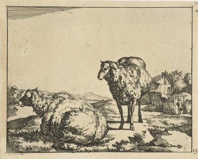 Staand en liggend schaap met boerderij op achtergrond door Marcus de Bye