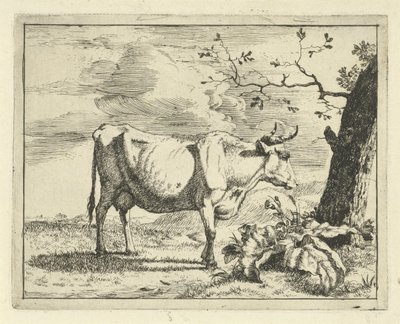 Staande koe bij boom Runderen en varkens (series title) door Marcus de Bye