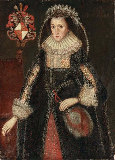 Portret van Lady Eleanor Dutton, driekwart lengte, in elegante jurk, staand naast een stoel met het wapen van de familie Dutton uit Cheshire en Gloucestershire door Marcus the Younger Gheeraerts