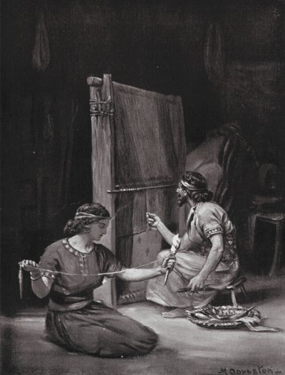 Een Babylonisch weefgetouw (litho) door Margaret (after) Dovaston