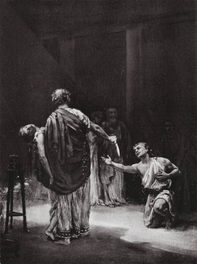 Aristodemus van Messenië offert zijn dochter (litho) door Margaret (after) Dovaston