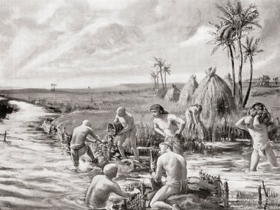 Vroege kolonisten in Babylonië draineren de moerassen door een dam te bouwen, uit Hutchinson