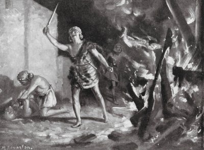 Elamieten verbranden en plunderen een Babylonisch dorp (litho) door Margaret (after) Dovaston
