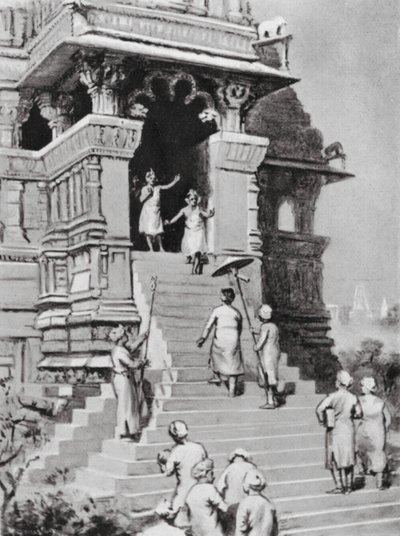 Kirtivarman Chandella bezoekt zijn tempel in Khajurahu, AD 1065 (litho) door Margaret (after) Dovaston