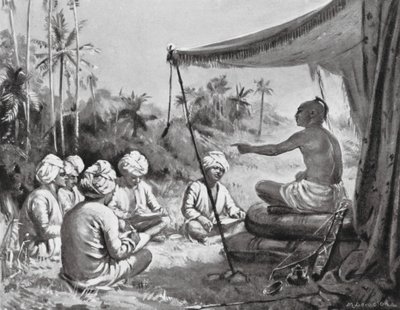 Kulottunga Chola instrueert zijn landmeters, AD 1086 (litho) door Margaret (after) Dovaston