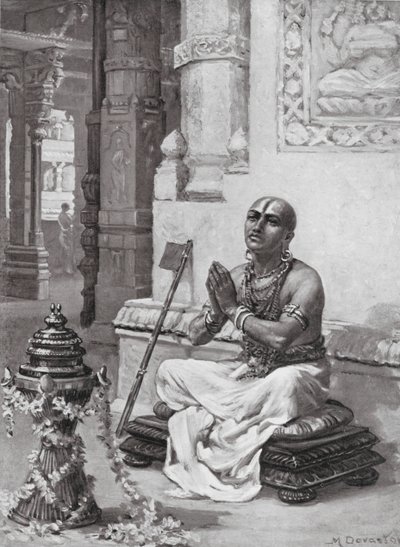 Ramanuja overpeinst zijn filosofie van de ene persoonlijke God, AD 1100 (litho) door Margaret (after) Dovaston
