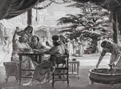 Verheuging in Babylon over de wederopbouw van de stad door Esarhaddon (litho) door Margaret (after) Dovaston