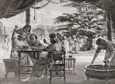 Verheuging in Babylon over de wederopbouw van de stad door Esarhaddon, uit Hutchinson