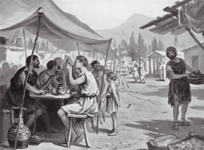 Spartanen eten aan openbare tafels (litho) door Margaret (after) Dovaston