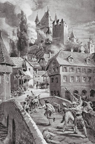 De brand van het kasteel van Wadenschwyl in 1804 (litho) door Margaret (after) Dovaston