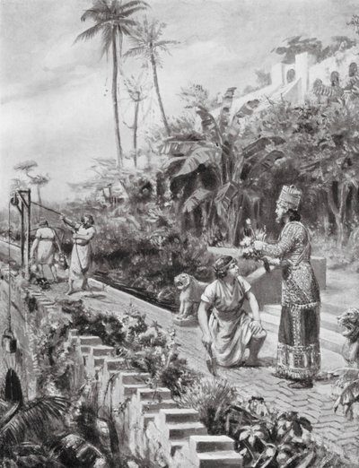 De hangende tuinen van Babylon (litho) door Margaret (after) Dovaston