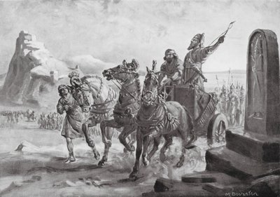 Tiglath-pileser IV voor de citadel van Turushpa (litho) door Margaret (after) Dovaston