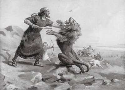 Tiglath-pileser I die een leeuw doodt (litho) door Margaret (after) Dovaston