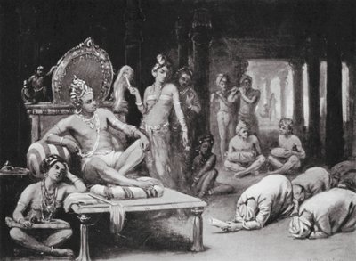 Vikramanka Chalukhya stuurt een vriendelijke brief naar Kulottunga Chola (litho) door Margaret (after) Dovaston