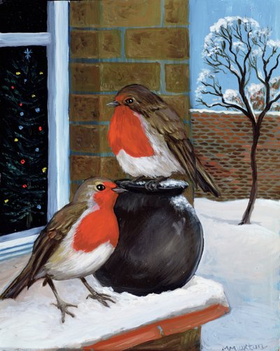 Roodborstjes in de sneeuw door Margaret Loxton