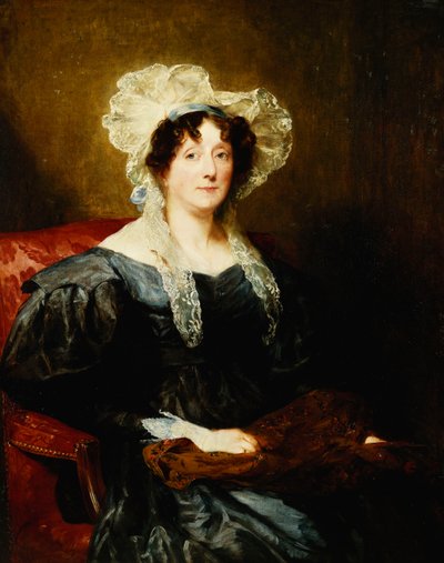 Portret van een dame, zittend half lengte, in een donkerblauwe jurk en een witte kanten muts met een blauwe strik, met naaiwerk door Margaret Sarah Carpenter