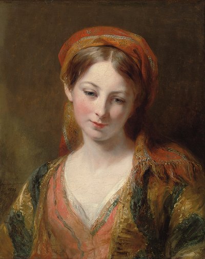 Portret van een jong meisje, vermoedelijk Henrietta Carpenter, buste lengte, in oosterse kleding, 1839 door Margaret Sarah Carpenter