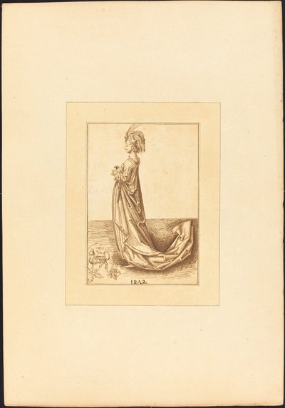 Een dame in een lange jurk door Maria Catharina Prestel after Martin Schongauer